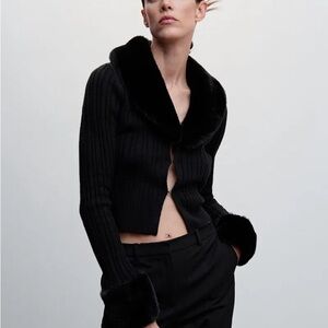 Mango Detachable Faux Fur Trim Cardigan